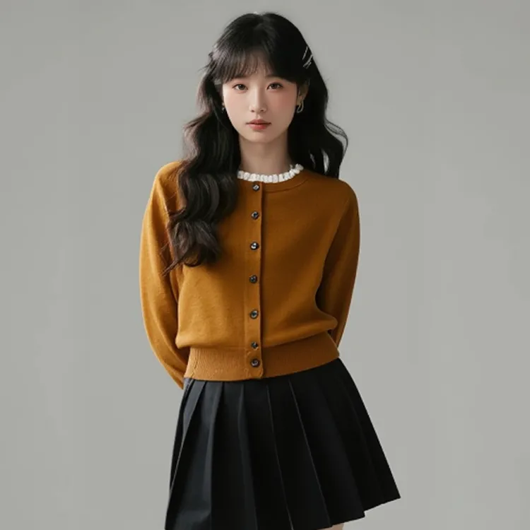 韩系简约圆领针织开衫女秋冬慵懒风宽松显瘦气质百搭毛衣外套