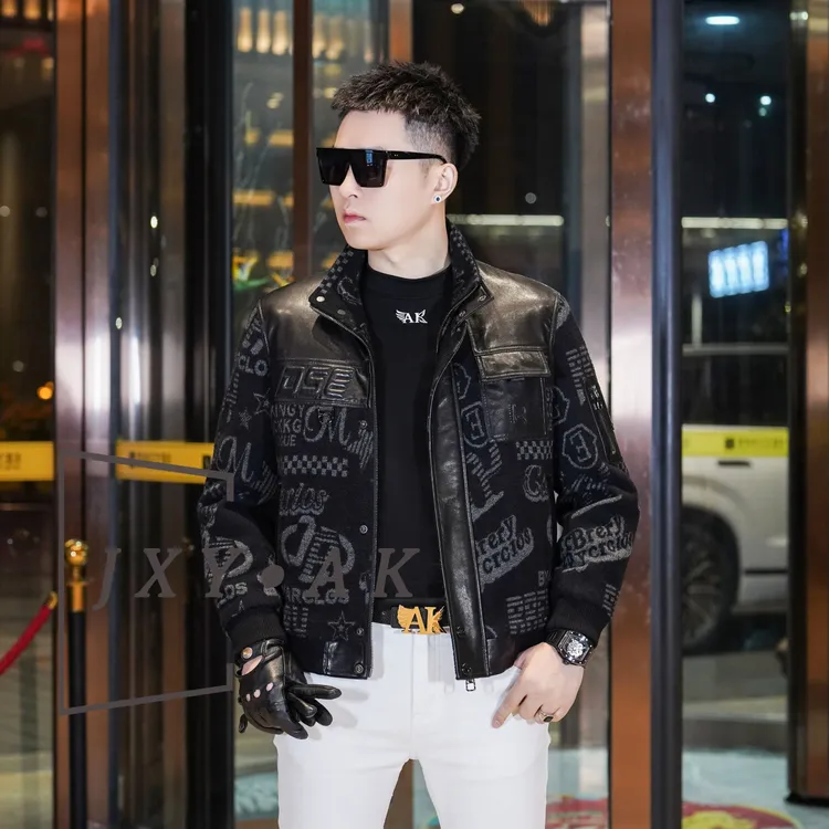 2025冬季新款羊毛混纺拼真皮羊皮夹克男士立领时尚百搭提花鸭绒服