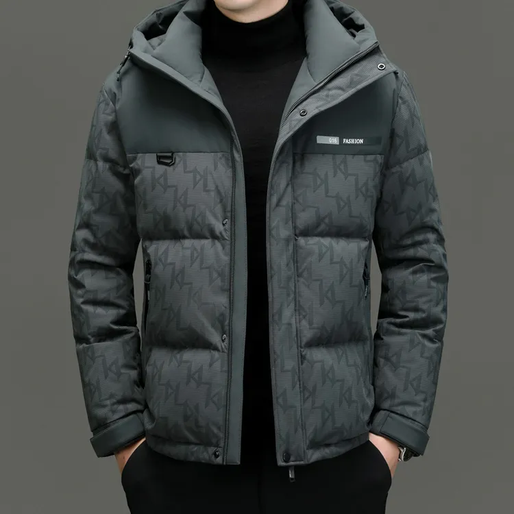 2025冬季新款男士白鸭绒羽绒服商务休闲时尚纯色连帽保暖羽绒服