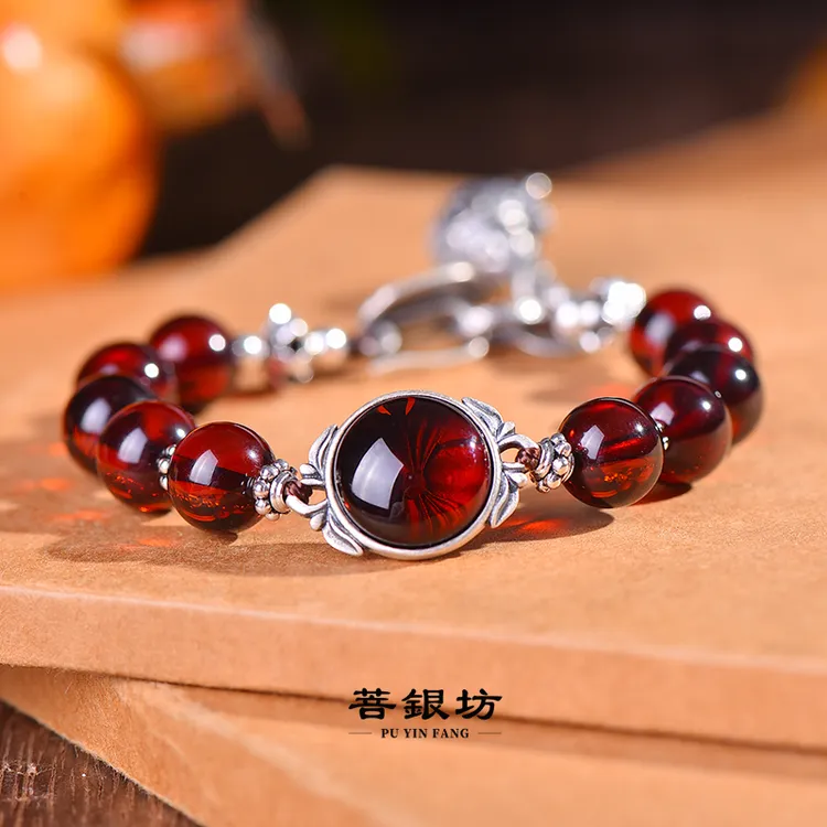 【菩银坊】血珀 S925银 蜜桃果果手链 珠子10mm，总长21厘米，可调节
