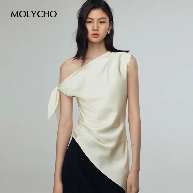 MOLYCHO缎面不对称斜肩上衣女夏季2025新款高级感绑结背心无袖T恤