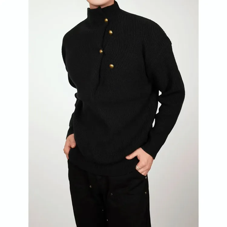 澍 日系慵懒风毛衣男士秋冬复古半高领套头不规则纽扣小众设计感