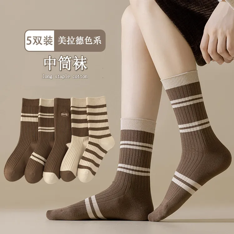 袜子女士新款春夏季薄款百搭中筒袜ins美拉德色系高腰条纹长筒袜