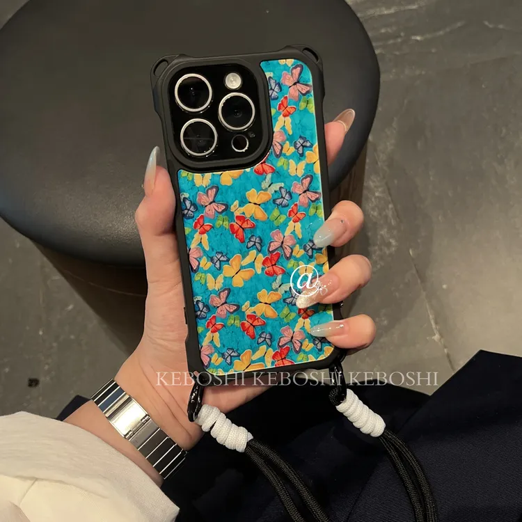 绿底满屏蝴蝶适用iPhone16华为oppo小米vivo苹果四角防摔手机壳薄