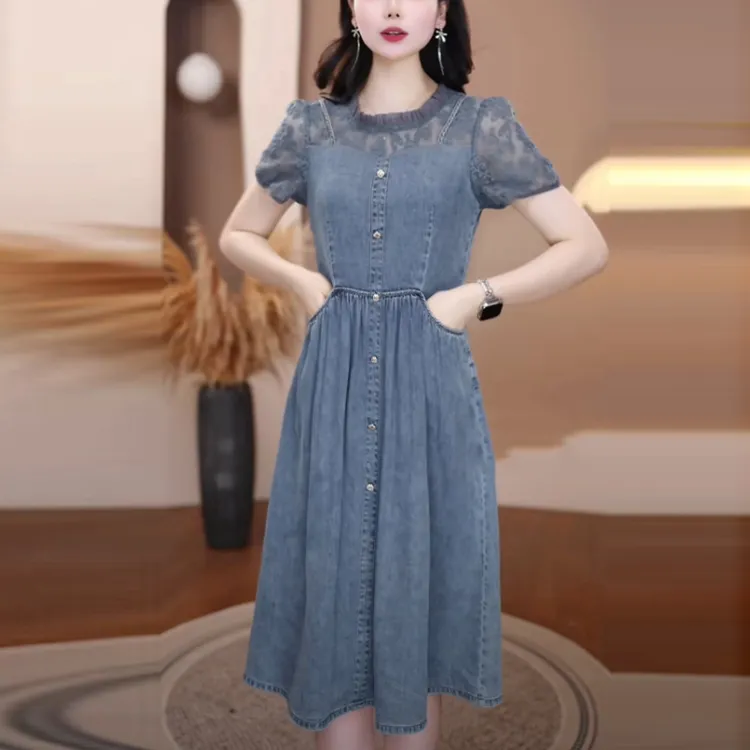 水洗牛仔裙2025夏季新款时尚轻奢收腰显瘦短袖气质中长款连衣裙子