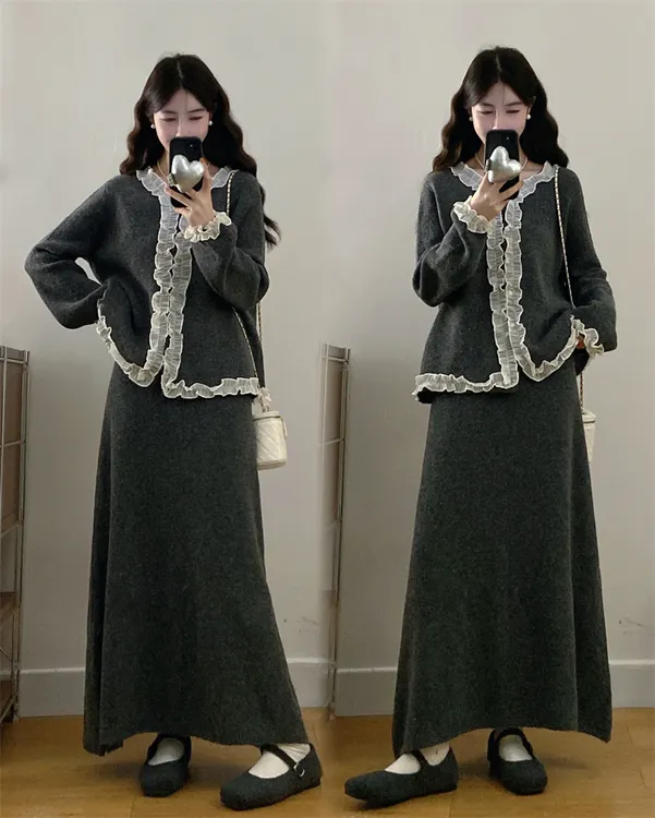 【格林童话】大码女装秋冬设计感气质拼接花边针织毛衣半身裙两件套