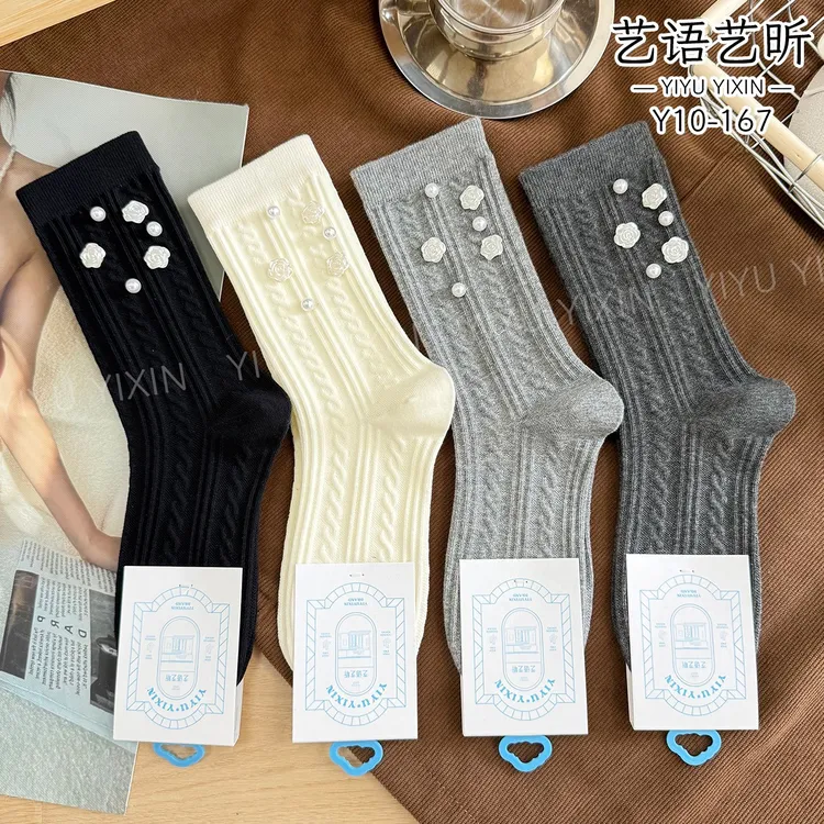 女中筒袜玫瑰花珍珠点缀高级高质感超好