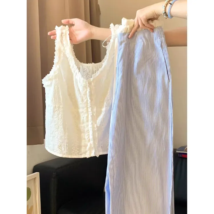 甜美清纯系夏日穿搭套装女2025新款白色吊带背心条纹阔腿裤两件套