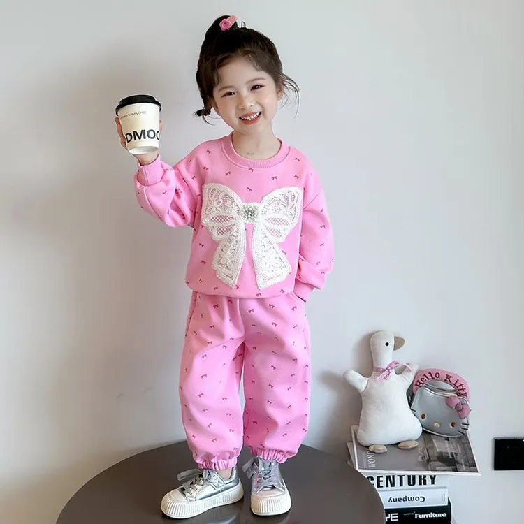 女童套装秋季2025新款洋气儿童蝴蝶结卫衣秋装韩版女宝宝两件套潮