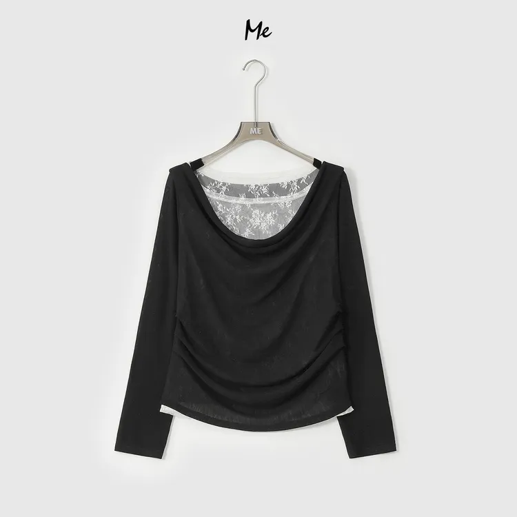 ME【浮花芭蕾衫】法式荡领蕾丝拼接显瘦百搭时尚内搭上衣MESA3294