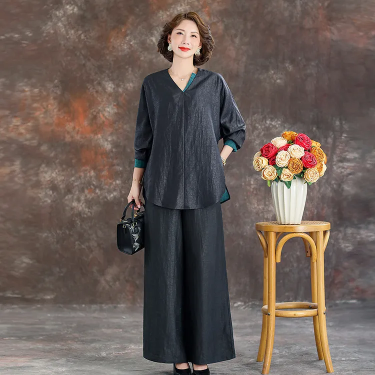 真正香云纱上衣套装2025新款V领宽松气质妈妈真丝休闲裤两件套女