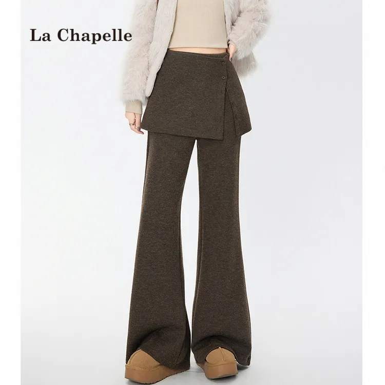 拉夏贝尔加绒加厚微喇裤女秋冬2025新款高腰假两件遮臀屁帘喇叭裤
