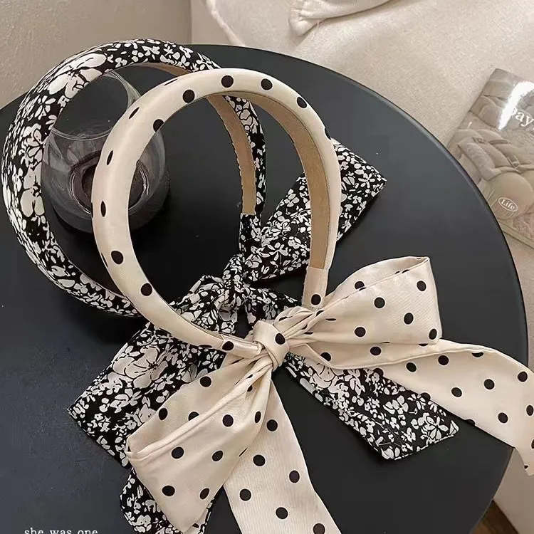 波点蝴蝶结飘带发箍～女款新款洗脸压发头箍高颅顶丝带头饰
