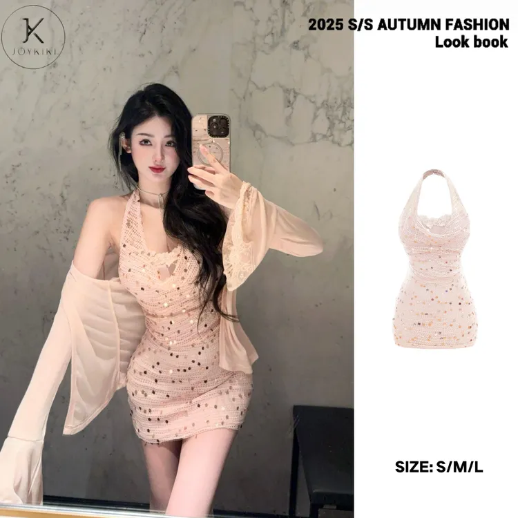 JOYKIKI 清清！【视觉焦点】秋季气质拼接亮片镂空挂脖连衣裙J25C131