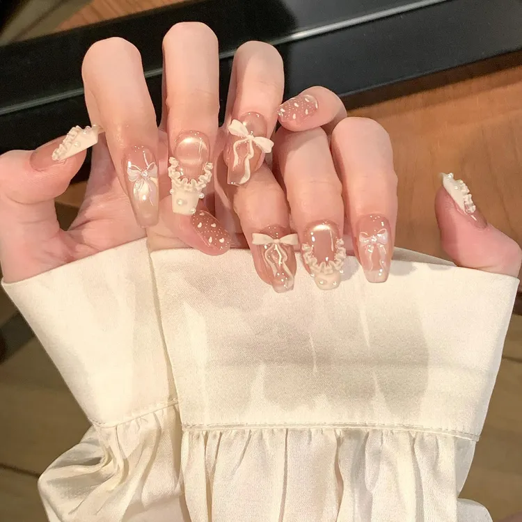 【奶霜】中长款高颜值纯手工春夏法式穿戴甲显白学生美甲成品贴片