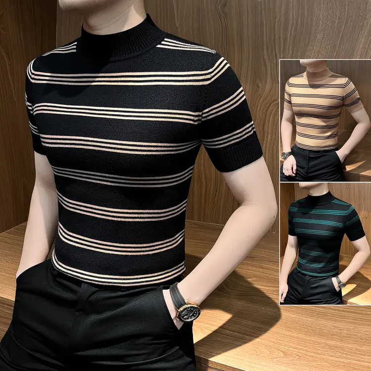 条纹半高领短袖针织T恤男款秋冬高档时尚休闲上衣修身男士打底衫