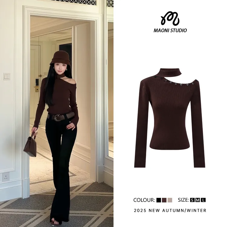 毛妮LADIESFIRST 不规则性感斜肩长袖针织衫女修身内搭毛衣L2850