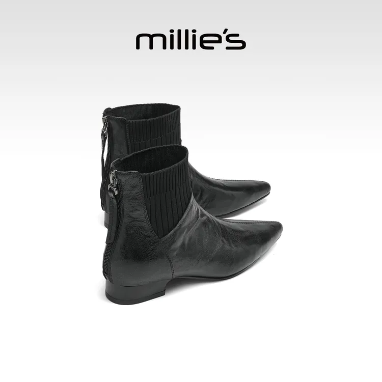 millies妙丽针织拼接后拉链女靴2025年秋冬季新款时尚百搭瘦瘦靴