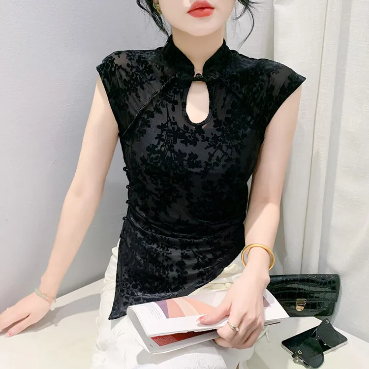 新中式上衣女夏2024欧洲站立领国风盘扣设计感小众不规则短袖T恤