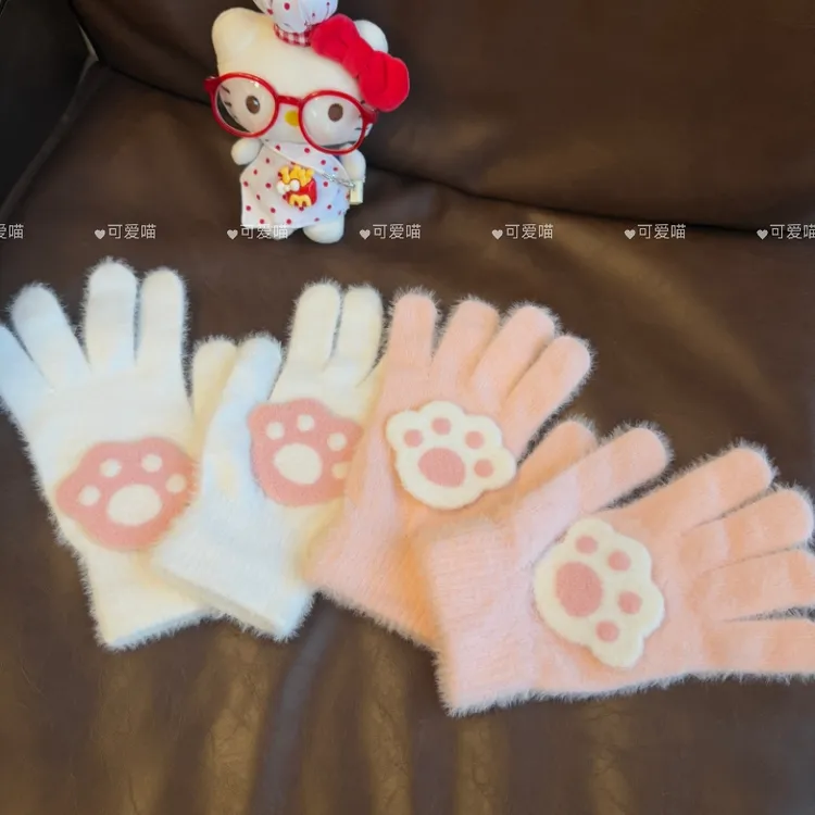 可爱蝴蝶结小猫爪毛绒手套女冬季学生骑车加厚保暖防寒韩版可爱