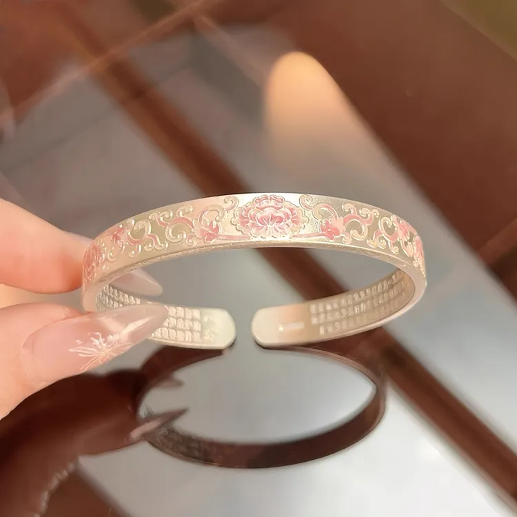 足银手镯 芙蕖国风新中式珐琅彩纯银手镯足银999莲花心经送女友礼