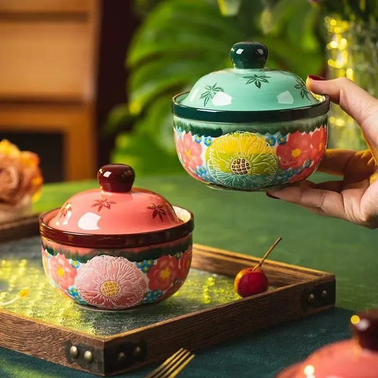 手绘陶瓷小炖盅家用带盖汤盅隔水汤罐蒸蛋碗蒸鸡蛋羹碗绿影黛粉