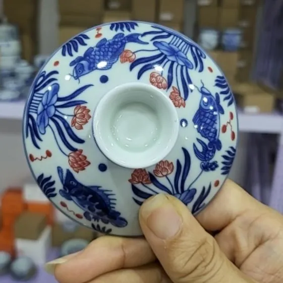 （配件）景德镇七丞堂鱼藻纹元宝盖8.8cm/釉里红元宝盖陶瓷8.8cm瓷