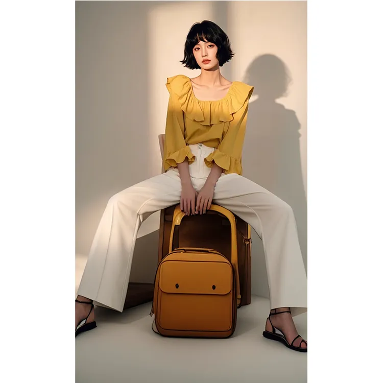 春季新款高级感洋气法式独特绝美小上衣黄色圆领衬衫白色裤子套装