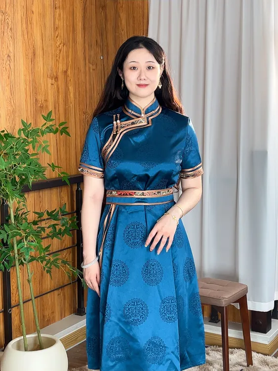 其其格蒙古元素a字版包边气质淑女提花修身半袖连衣裙气质长款