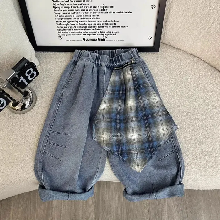 可拆卸~儿童牛仔裤2025春秋款长裤男童开春韩版拼接裤子宽松女童