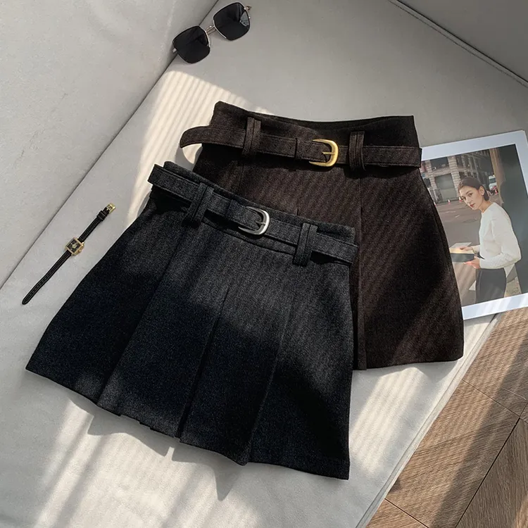 【南油溪溪】减龄百褶毛呢短裙秋冬配腰带高腰显瘦A字半身裙802065
