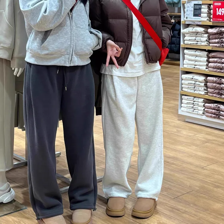 加绒运动裤女秋冬2024新款高腰小个子加厚外穿阔腿显瘦休闲棉卫裤