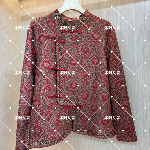 秋冬薄绒中老年妈妈装复古国风立领旗袍领斜襟长袖印花打底小衫