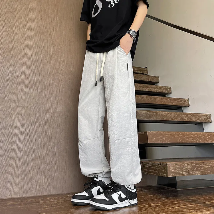 裤子男款夏季新款凉感透气百搭褶皱直筒裤美式休闲直筒宽松休闲裤