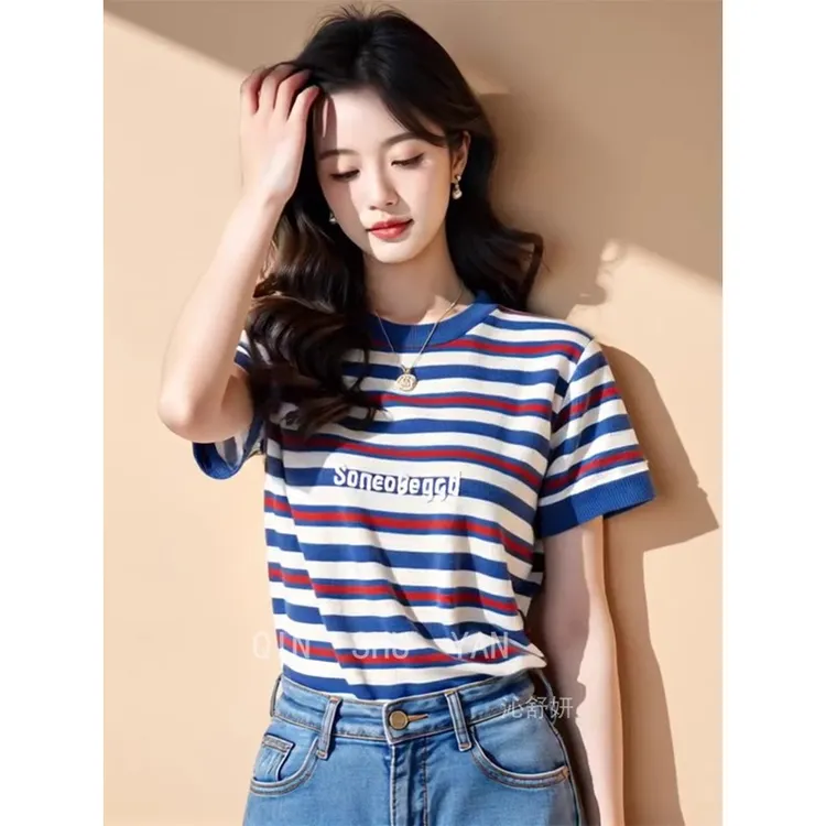哥弟阿玛施正2025夏季新款圆领显瘦短袖针织衫条纹冰丝t恤女撞色