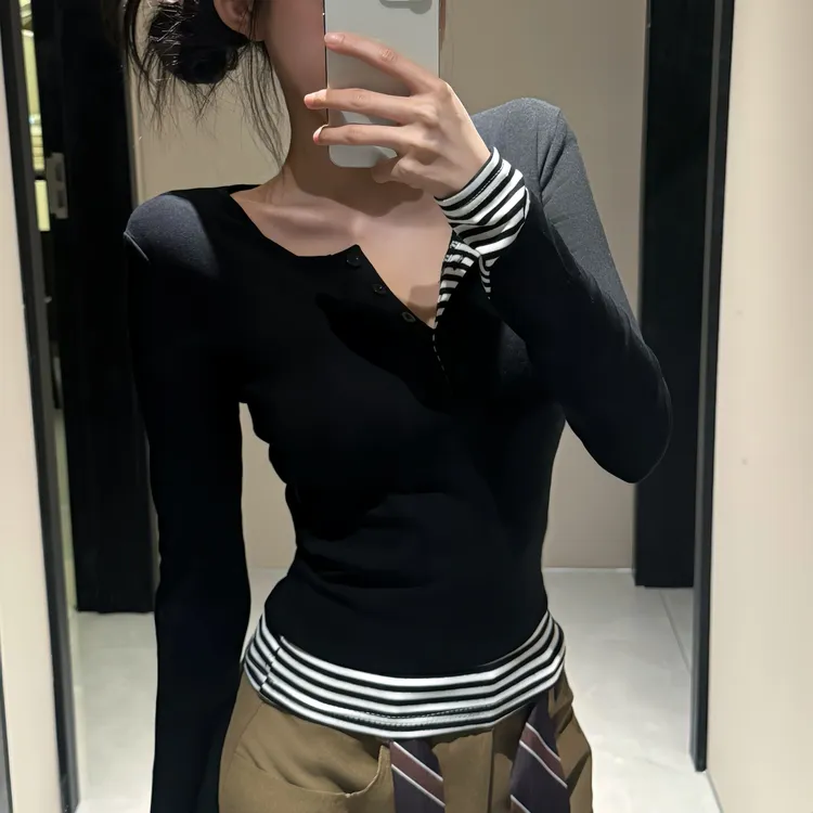 艺等韩系秋冬新款条纹撞色拼接假两件长袖简约百搭打底T恤女上衣