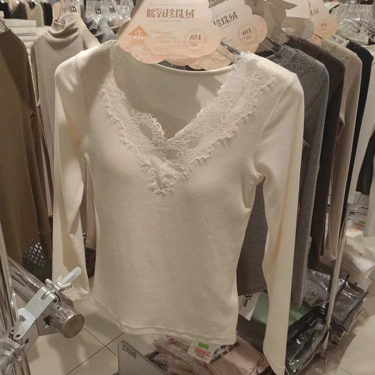 短款长袖修身型露背镂空时尚拼接蕾丝衫加绒内搭秋衣内衣女士女款