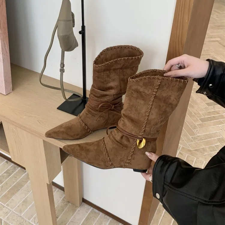 内增高复古尖头短靴女款2025新款秋冬中筒废土风西部牛仔堆堆靴子