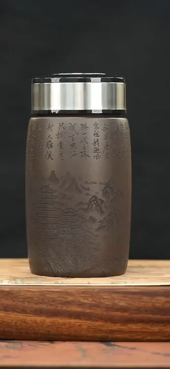 紫砂 玄铁石黄 刻绘 山水双层随身杯车载旅行杯