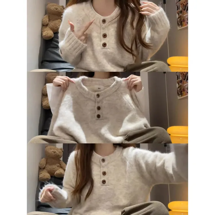 亨利领毛衣女款秋冬季慵懒高级感美式复古加厚休闲针织上衣打底衫