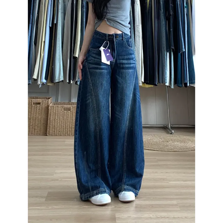300斤大码胖mm美式复古弯刀牛仔裤女秋季新款梨形身材显瘦阔腿裤