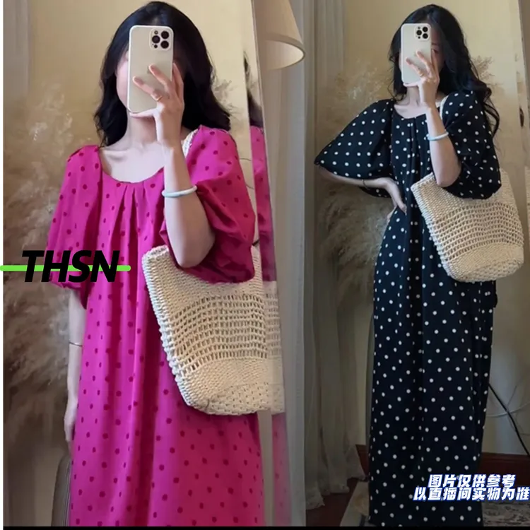 韩版宽松夏季海边度假风两穿波点长裙598