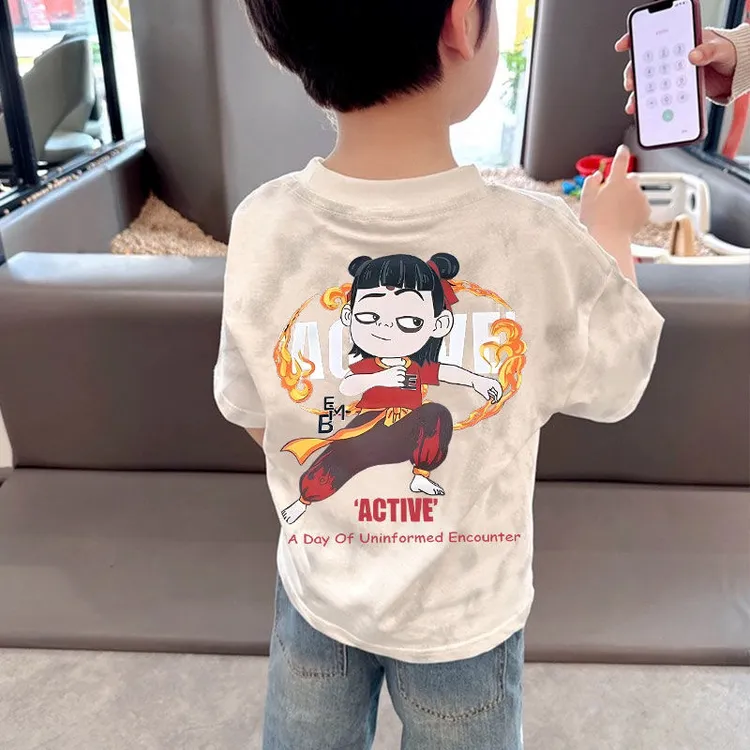 哪吒儿童服装男童t恤短袖100纯棉半袖夏季新款渐变色扎染洋气上衣