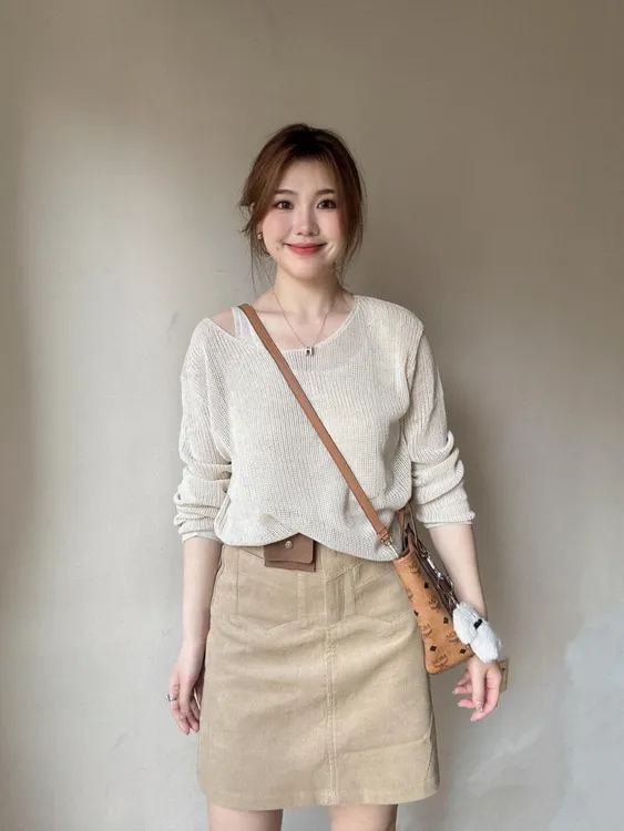 韩系慵懒风别致设计感镂空针织衫上衣牛仔半身裙减龄气质两件套女