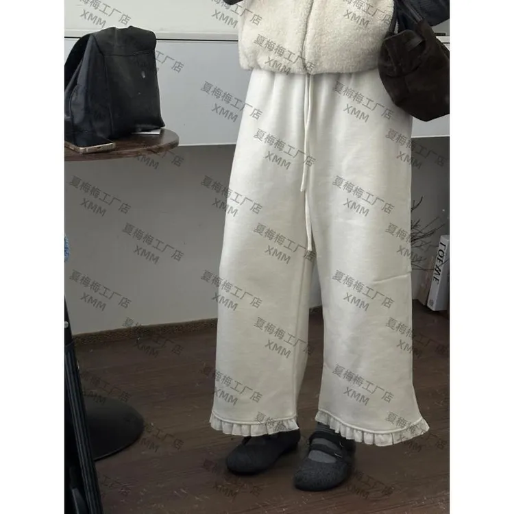 XMM.【花边加绒毛呢羊毛裤】宽松潮流高腰保暖阔腿裤洋气休闲665111