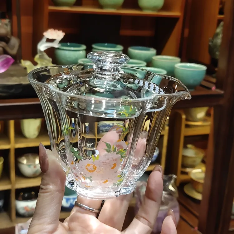 压嘴盖碗贴绘桃花泡茶盖碗茶具纯手工