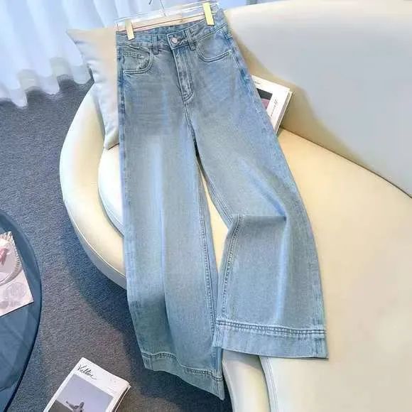 NZ浅蓝色软牛仔阔腿牛仔裤女2025夏季薄款新款高腰小个子九分直筒