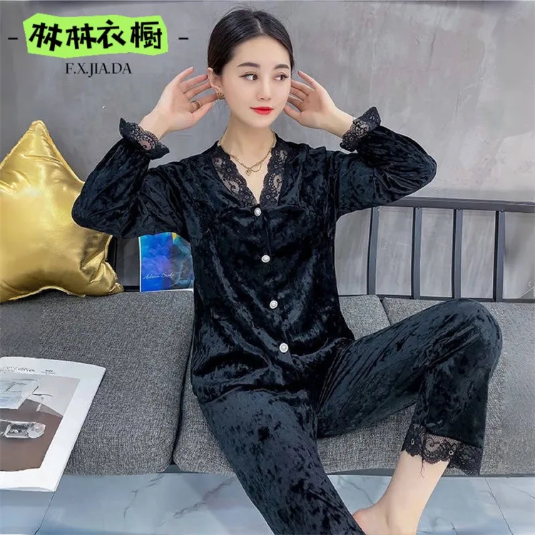 288女长袖睡衣家居服套装宽松秋冬时尚四季女士套装韩版大码休闲