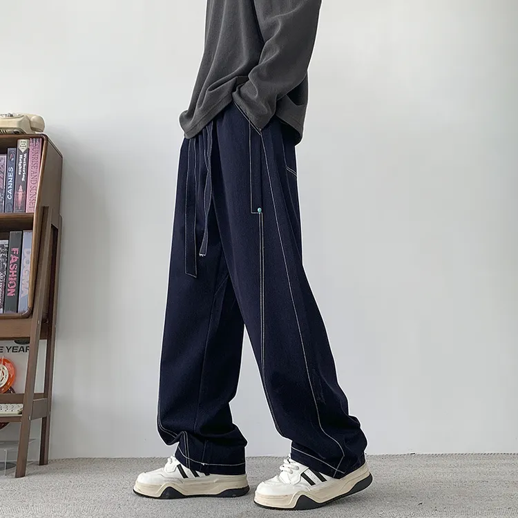 秋冬防水阳离子牛仔裤阔腿裤男女加绒保暖直筒裤宽松大码休闲长裤