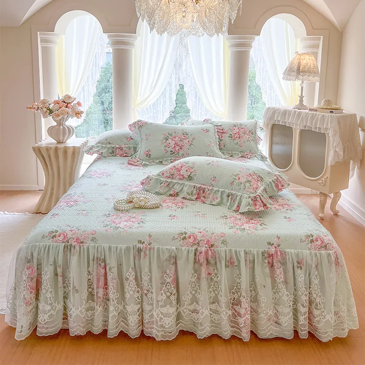 全棉床裙三件套公主风田园加厚夹棉床罩单件韩版春秋季防滑床垫套
